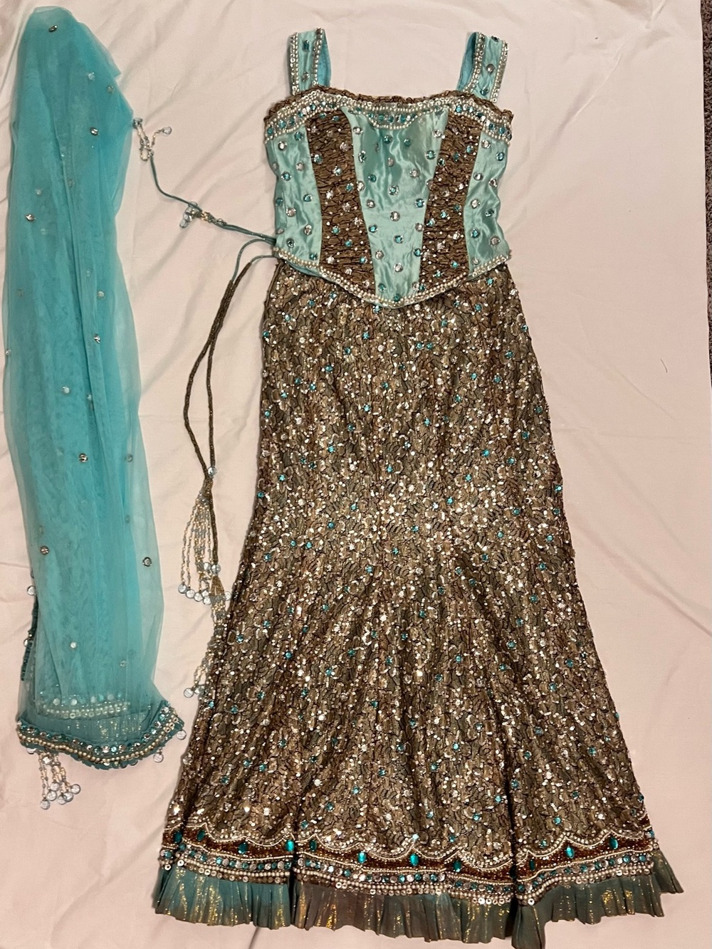 Mermaid Lehenga adorned in sequins,beads & pearls w/dupatta and corset blouse